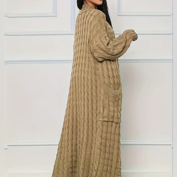 Warm Boho Cable Knit Beige Long Cardigan Sweater - Picture 4 of 4